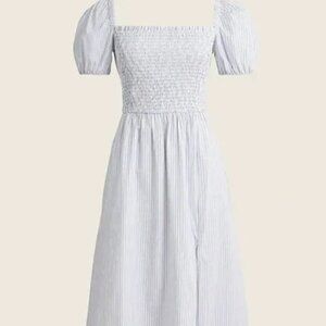 J. Crew Puff Sleeve Smocked Dress in Stripes with Slit and Pockets